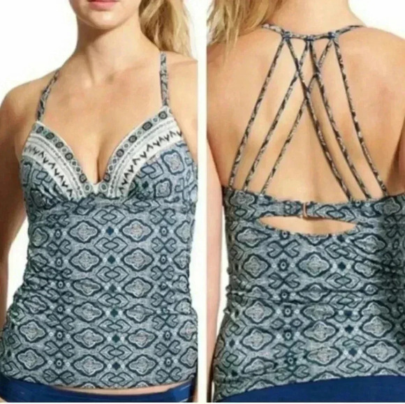 Athleta Aqualuxe Blue Printed Strappy Molded Tankini Swim Top - Picture 11 of 11